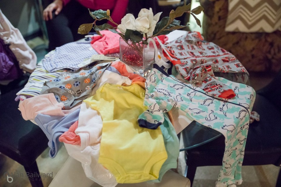 Donated clothing on a table