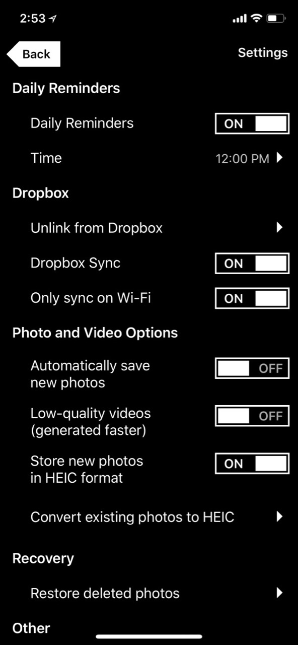 Close up app options screen